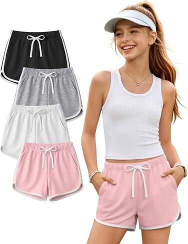 Halfchet 4 Pack Girls' Athletic Dolphin Shorts Elastic Waist Drawstring Running Short Sweatpants with Pockets 5-16 Years in Kuwait