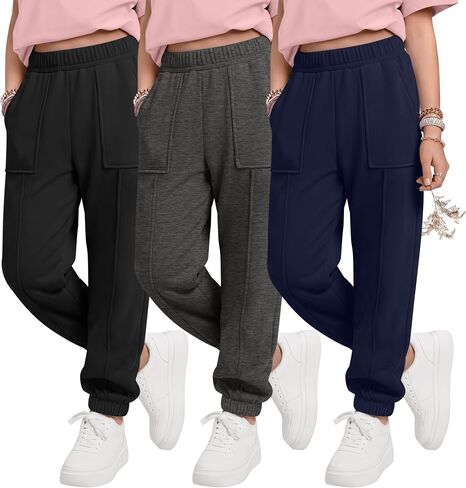 Halfchet 3 Pack Girls' Sweatpants Joggers Kids Athletic Running Pants Teens Casual Elastic Waistband Sweat Pants with Pockets in Kuwait