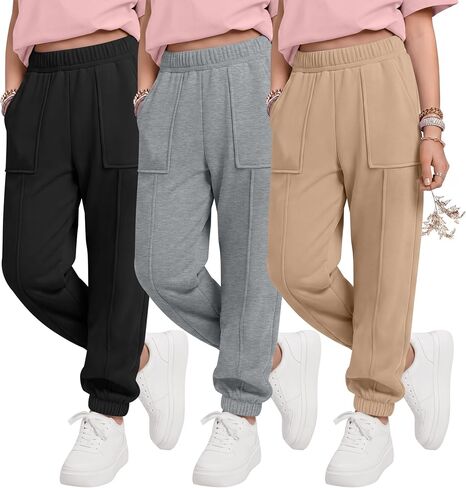 Halfchet 3 Pack Girls' Sweatpants Joggers Kids Athletic Running Pants Teens Casual Elastic Waistband Sweat Pants with Pockets in Saudi Arabia