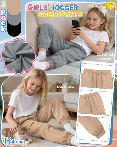 Halfchet 3 Pack Girls' Sweatpants Joggers Kids Athletic Running Pants Teens Casual Elastic Waistband Sweat Pants with Pockets in Saudi Arabia