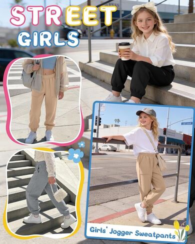 Halfchet 3 Pack Girls' Sweatpants Joggers Kids Athletic Running Pants Teens Casual Elastic Waistband Sweat Pants with Pockets in Saudi Arabia