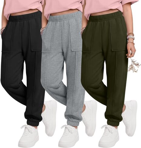 Halfchet 3 Pack Girls' Sweatpants Joggers Kids Athletic Running Pants Teens Casual Elastic Waistband Sweat Pants with Pockets in Saudi Arabia