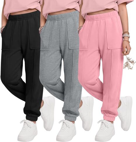 Halfchet 3 Pack Girls' Sweatpants Joggers Kids Athletic Running Pants Teens Casual Elastic Waistband Sweat Pants with Pockets in Saudi Arabia