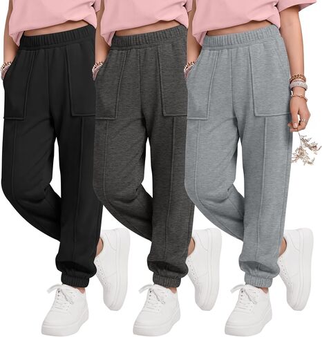 Halfchet 3 Pack Girls' Sweatpants Joggers Kids Athletic Running Pants Teens Casual Elastic Waistband Sweat Pants with Pockets in Saudi Arabia