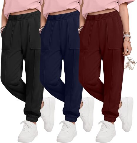 Halfchet 3 Pack Girls' Sweatpants Joggers Kids Athletic Running Pants Teens Casual Elastic Waistband Sweat Pants with Pockets in Saudi Arabia