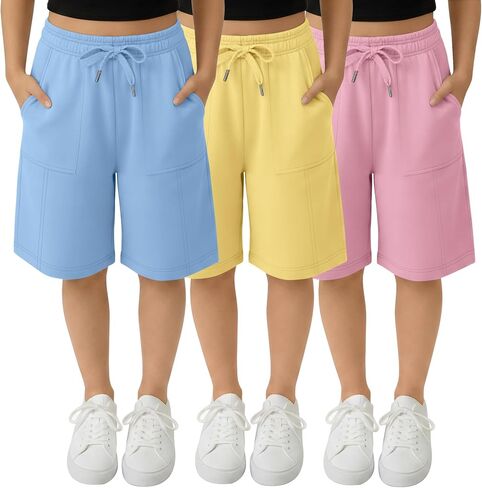 Xaatren 3 Pack Girls Bermuda Shorts Wide Leg Baggy Pants with Pockets Drawstring Summer Casual Shorts 5-14 Years in Kuwait