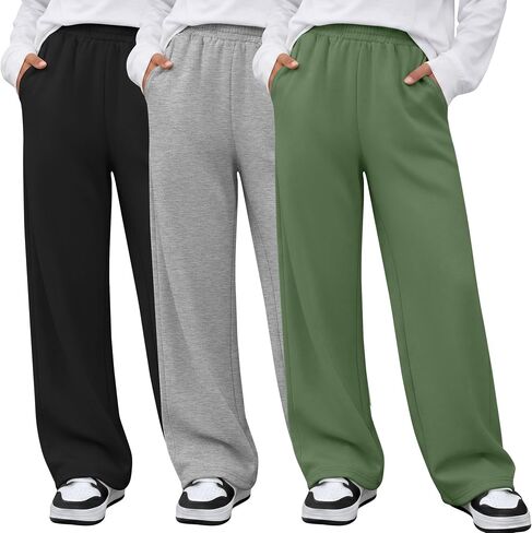 3 Pack Girls Sweatpants Teen Girls Straight Leg Baggy Jogger Pants Kids Casual Open Bottom Pants with Pockets 5-14Y in Kuwait