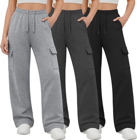 3 Pack Girl's Cargo Sweatpants Wide Leg Baggy Pants Teen Loose Casual Athletic Joggers with 4 Pockets 5-14 Y in Saudi Arabia