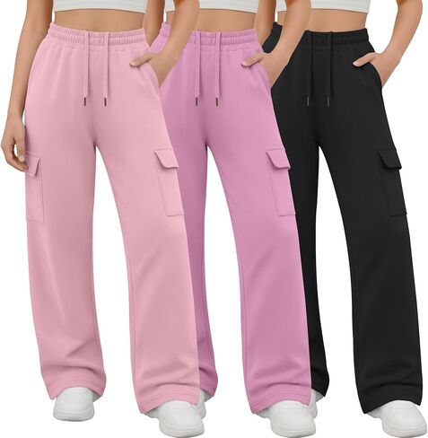 3 Pack Girl's Cargo Sweatpants Wide Leg Baggy Pants Teen Loose Casual Athletic Joggers with 4 Pockets 5-14 Y in Kuwait
