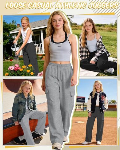 3 Pack Girl's Cargo Sweatpants Wide Leg Baggy Pants Teen Loose Casual Athletic Joggers with 4 Pockets 5-14 Y in Saudi Arabia