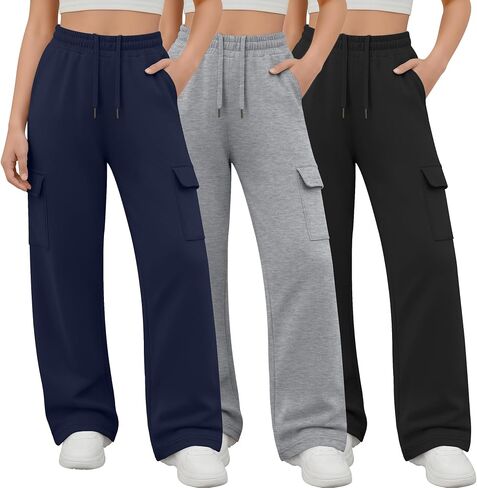 3 Pack Girl's Cargo Sweatpants Wide Leg Baggy Pants Teen Loose Casual Athletic Joggers with 4 Pockets 5-14 Y in Saudi Arabia