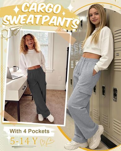 3 Pack Girl's Cargo Sweatpants Wide Leg Baggy Pants Teen Loose Casual Athletic Joggers with 4 Pockets 5-14 Y in Saudi Arabia
