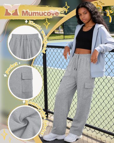 3 Pack Girl's Cargo Sweatpants Wide Leg Baggy Pants Teen Loose Casual Athletic Joggers with 4 Pockets 5-14 Y in Saudi Arabia