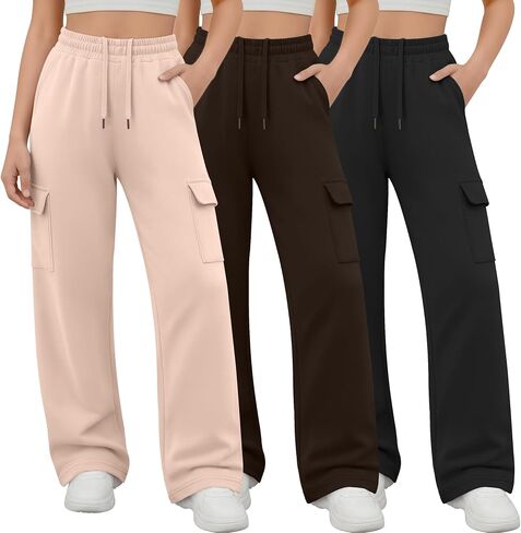 3 Pack Girl's Cargo Sweatpants Wide Leg Baggy Pants Teen Loose Casual Athletic Joggers with 4 Pockets 5-14 Y in Saudi Arabia