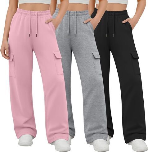 3 Pack Girl's Cargo Sweatpants Wide Leg Baggy Pants Teen Loose Casual Athletic Joggers with 4 Pockets 5-14 Y in Saudi Arabia