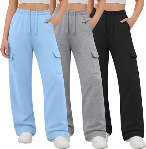 3 Pack Girl's Cargo Sweatpants Wide Leg Baggy Pants Teen Loose Casual Athletic Joggers with 4 Pockets 5-14 Y in Saudi Arabia
