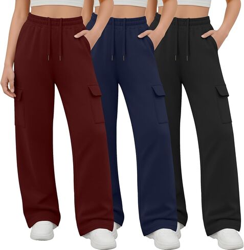 3 Pack Girl's Cargo Sweatpants Wide Leg Baggy Pants Teen Loose Casual Athletic Joggers with 4 Pockets 5-14 Y in Saudi Arabia