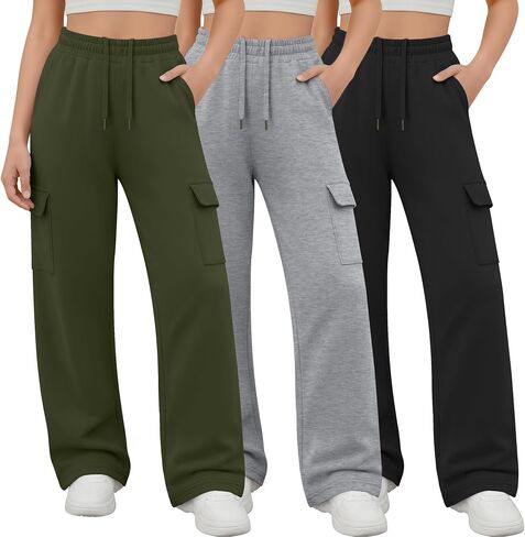 3 Pack Girl's Cargo Sweatpants Wide Leg Baggy Pants Teen Loose Casual Athletic Joggers with 4 Pockets 5-14 Y in Saudi Arabia