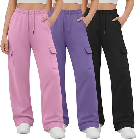 3 Pack Girl's Cargo Sweatpants Wide Leg Baggy Pants Teen Loose Casual Athletic Joggers with 4 Pockets 5-14 Y in Saudi Arabia