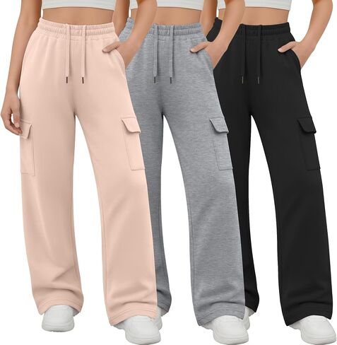 3 Pack Girl's Cargo Sweatpants Wide Leg Baggy Pants Teen Loose Casual Athletic Joggers with 4 Pockets 5-14 Y in Saudi Arabia