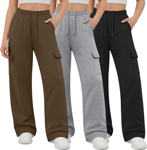 3 Pack Girl's Cargo Sweatpants Wide Leg Baggy Pants Teen Loose Casual Athletic Joggers with 4 Pockets 5-14 Y in Saudi Arabia