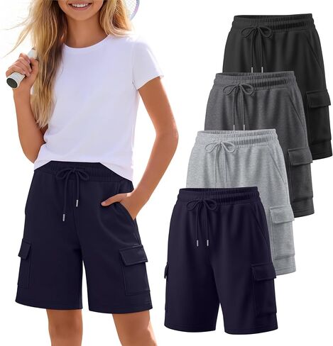 4 Pack Girls' Bermuda Shorts Kids Cargo Wide Leg Knee-Length SweatShorts Athletic Casual Short Pants 5-14 Years in Kuwait
