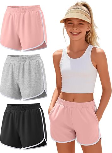3 Pack Girls Shorts Teen Athletic Running Dolphin Shorts Kids Summer Workout Yoga SweatShorts with Pockets 5-16Y in Kuwait