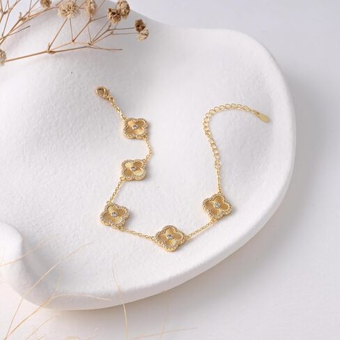 Billet-doux 14k Gold Plated Clovers Bracelet with Sparkling Cubic Zirconia Stones, Non-Tarnish Gold Plated Four Leaf Clover Bracelet, Mother's Day Jewelry Gifts for Women in Saudi Arabia
