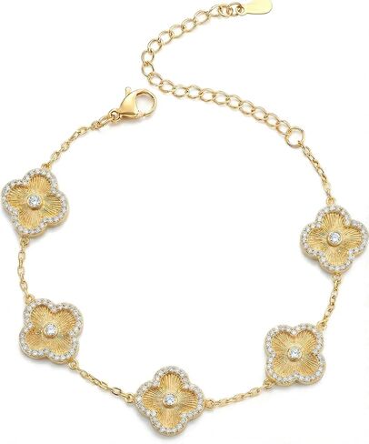 Billet-doux 14k Gold Plated Clovers Bracelet with Sparkling Cubic Zirconia Stones, Non-Tarnish Gold Plated Four Leaf Clover Bracelet, Mother's Day Jewelry Gifts for Women in Saudi Arabia