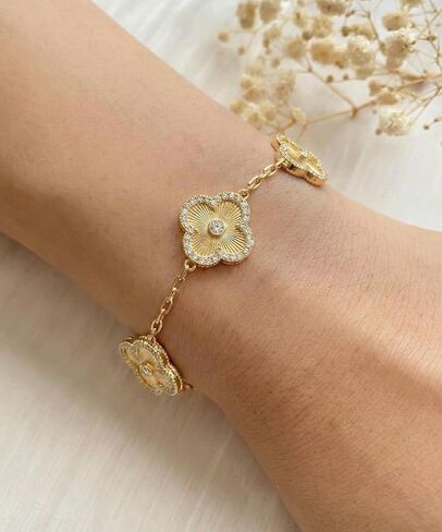 Billet-doux 14k Gold Plated Clovers Bracelet with Sparkling Cubic Zirconia Stones, Non-Tarnish Gold Plated Four Leaf Clover Bracelet, Mother's Day Jewelry Gifts for Women in Saudi Arabia