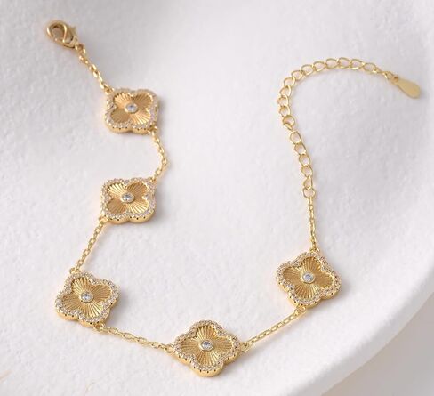 Billet-doux 14k Gold Plated Clovers Bracelet with Sparkling Cubic Zirconia Stones, Non-Tarnish Gold Plated Four Leaf Clover Bracelet, Mother's Day Jewelry Gifts for Women in Saudi Arabia