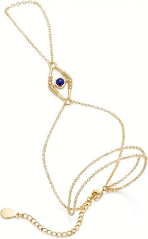 Evil Eye Hand Chain Bracelet for Women, S925 Sterling Silver 14K Gold Plated Finger Bracelet with Lapis Lazuli, Boho Hand Harness Jewelry for Protection & Luck, 6.5" + 2" Adjustable Wrist in Saudi Arabia