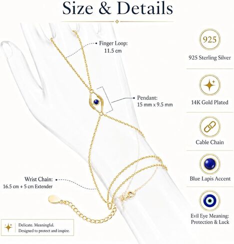 Evil Eye Hand Chain Bracelet for Women, S925 Sterling Silver 14K Gold Plated Finger Bracelet with Lapis Lazuli, Boho Hand Harness Jewelry for Protection & Luck, 6.5" + 2" Adjustable Wrist in Saudi Arabia