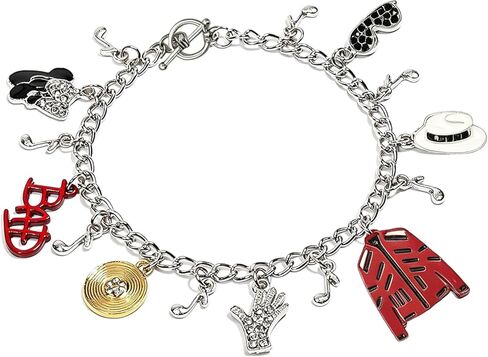 Music Icon Inspired Charm Bracelet, Chain with Crystal Hat, Glove, Red Jacket, Vinyl Record & Music Note Pendants, Memorial Jewelry Birthday Gift for Fans Women Men in Saudi Arabia