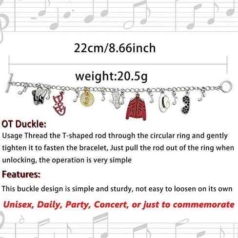 Music Icon Inspired Charm Bracelet, Chain with Crystal Hat, Glove, Red Jacket, Vinyl Record & Music Note Pendants, Memorial Jewelry Birthday Gift for Fans Women Men in Saudi Arabia