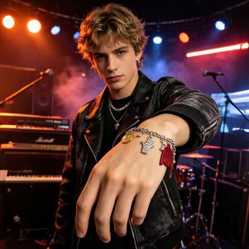 Music Icon Inspired Charm Bracelet, Chain with Crystal Hat, Glove, Red Jacket, Vinyl Record & Music Note Pendants, Memorial Jewelry Birthday Gift for Fans Women Men in Saudi Arabia