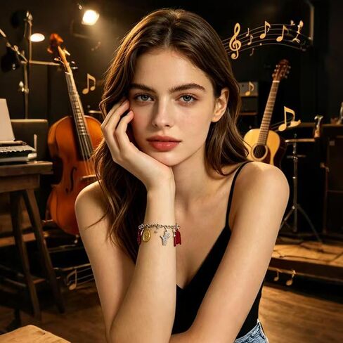 Music Icon Inspired Charm Bracelet, Chain with Crystal Hat, Glove, Red Jacket, Vinyl Record & Music Note Pendants, Memorial Jewelry Birthday Gift for Fans Women Men in Saudi Arabia