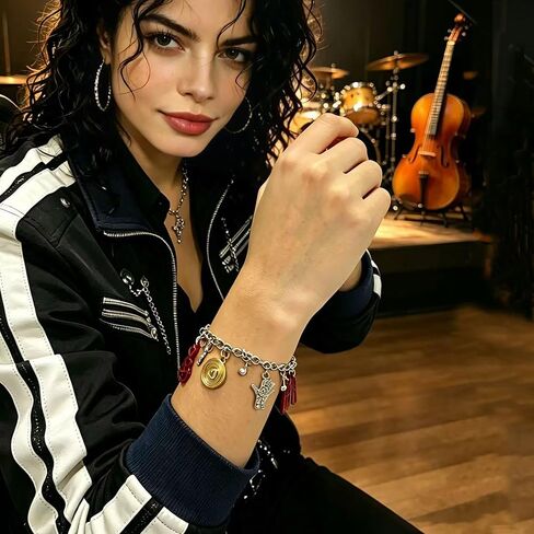 Music Icon Inspired Charm Bracelet, Chain with Crystal Hat, Glove, Red Jacket, Vinyl Record & Music Note Pendants, Memorial Jewelry Birthday Gift for Fans Women Men in Saudi Arabia