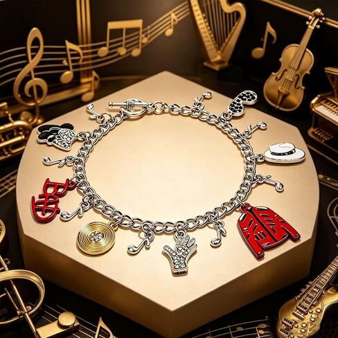 Music Icon Inspired Charm Bracelet, Chain with Crystal Hat, Glove, Red Jacket, Vinyl Record & Music Note Pendants, Memorial Jewelry Birthday Gift for Fans Women Men in Saudi Arabia