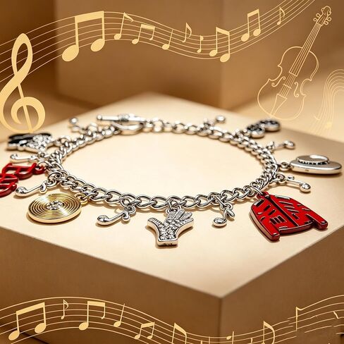 Music Icon Inspired Charm Bracelet, Chain with Crystal Hat, Glove, Red Jacket, Vinyl Record & Music Note Pendants, Memorial Jewelry Birthday Gift for Fans Women Men in Saudi Arabia