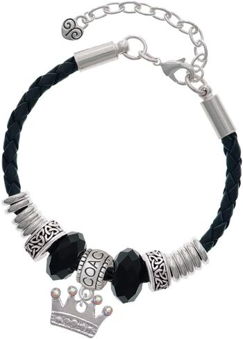 Delight Jewelry Silvertone Crown with Crystals and Textured Bottom - Coach Celtic Knot Leather Bead Bracelet, 7"+2" Extender in Saudi Arabia