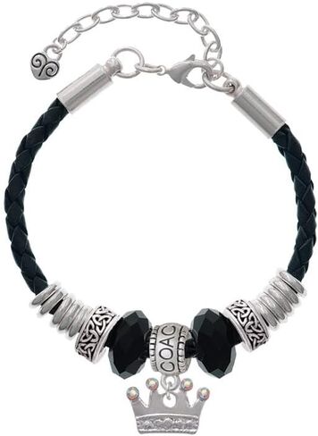 Delight Jewelry Silvertone Crown with Crystals and Textured Bottom - Coach Celtic Knot Leather Bead Bracelet, 7"+2" Extender in Saudi Arabia