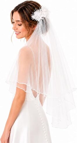 Pure Sacred Ceremonial Pearl and Flower Decorated Bridal Veil with Comb, Extra Long 25-inch, Soft Elegant Wedding Veil for Bride, Secure Easy Wear for Wedding, Bachelorette Party, First Communion in Saudi Arabia