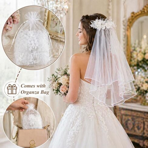 Pure Sacred Ceremonial Pearl and Flower Decorated Bridal Veil with Comb, Extra Long 25-inch, Soft Elegant Wedding Veil for Bride, Secure Easy Wear for Wedding, Bachelorette Party, First Communion in Saudi Arabia