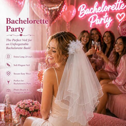 Pure Sacred Ceremonial Pearl and Flower Decorated Bridal Veil with Comb, Extra Long 25-inch, Soft Elegant Wedding Veil for Bride, Secure Easy Wear for Wedding, Bachelorette Party, First Communion in Saudi Arabia