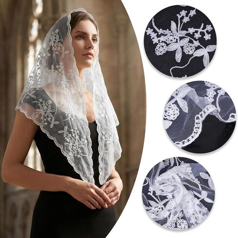 Lystaii مثلث الدانتيل Mantilla الحجاب الكاثوليكية كاتدرائية غطاء الرأس وشاح اللاتينية قداس الحجاب خمر لعرائس الزفاف الكنيسة in Kuwait