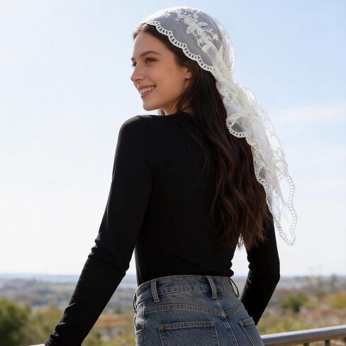 Lystaii مثلث الدانتيل Mantilla الحجاب الكاثوليكية كاتدرائية غطاء الرأس وشاح اللاتينية قداس الحجاب خمر لعرائس الزفاف الكنيسة in Kuwait