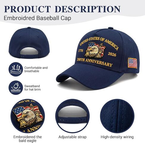 250th Anniversary USA Hat - Eagle Embroidery Patriotic Baseball Cap, Adjustable Hat Retro Embroidered Baseball Cap in Kuwait