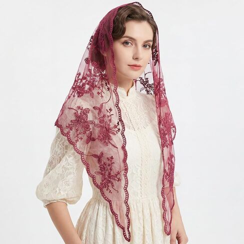 Lystaii مثلث الدانتيل Mantilla الحجاب الكاثوليكية كاتدرائية غطاء الرأس وشاح اللاتينية قداس الحجاب خمر لعرائس الزفاف الكنيسة in Kuwait