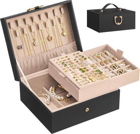 SONGMICS 2-Layer Jewelry Box Organizer, Jewelry Storage Case with Removable Tray and Handle, for Necklaces, Earrings, Rings, Bracelets, 6.7 x 8.1 x 3.7 Inches, Gift Idea, Cream White UJBC208WD01 in Saudi Arabia